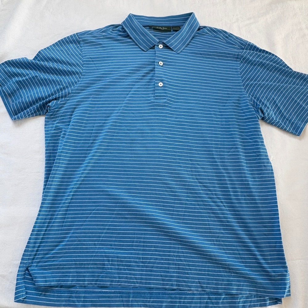 Bobby Jones Mens Large Blue White Striped Cotton‎ Short Sleeve Golf Polo Shirt